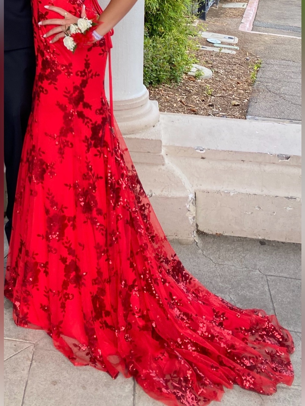 Red Floral Sequin Evening Gown - Women's Dress